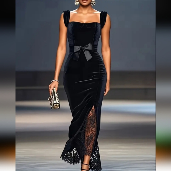 Dresses & Skirts - Elegant Black Lace-Trimmed Sleeveless Mermaid Maxi Velvet Dress with Bow Detail